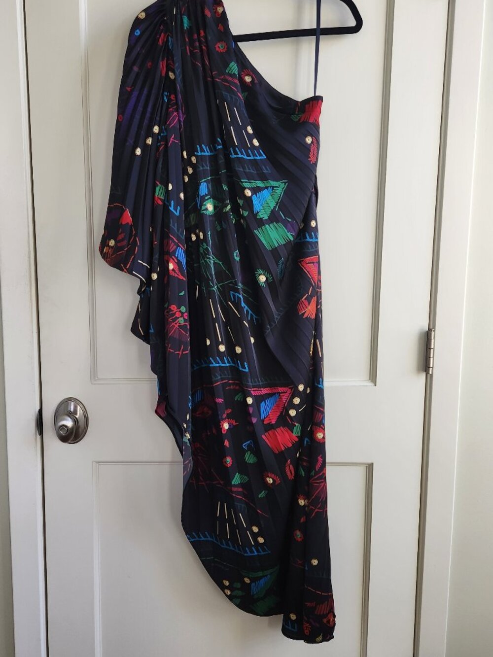 Anthropologie Hutch One Shoulder Pleated Maxi Dress Statement Print